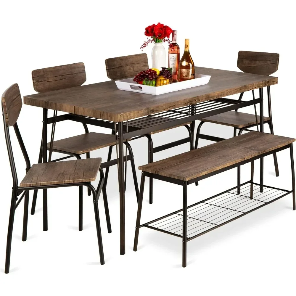 Modern Dining Set Storage Racks, Rectangular Table, Bench, 4 Chairs,6-Person Family Dining 6-Piece 55in Steel Frame - Brown