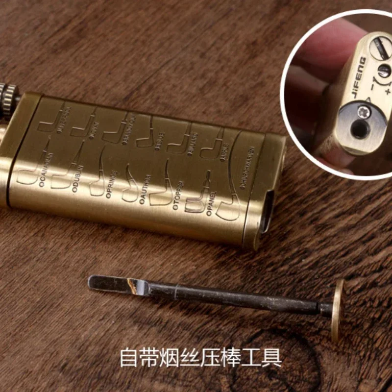 JIFENG Vintage Metal Grinding Wheel Brass Pipe Gas Lighter with Tobacco Pipe Tamper；Gentleman\'s Cigarette Cigar Butane Lighters