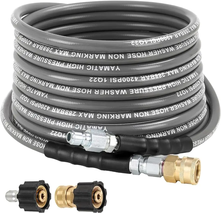 

Non Marking 1/4" 4200 PSI Pressure Washer Hose 25 FT for Hot/Cold Water Rubber Wire Braided Kink Free Swivel