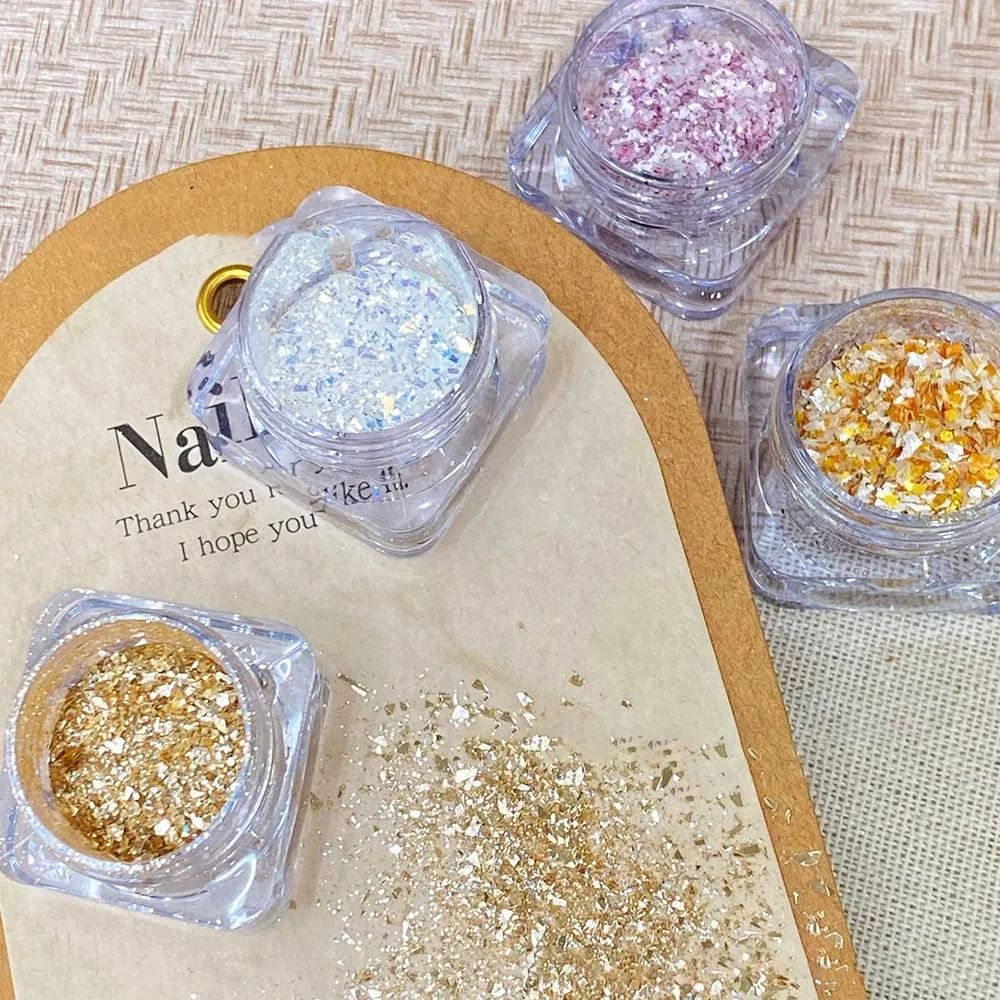 4 tarros X 1,2g fragmentos de lámina brillante brillo de uñas champán oro púrpura lámina brillo lentejuelas acrílicas uñas arte polvo escamas Paillette