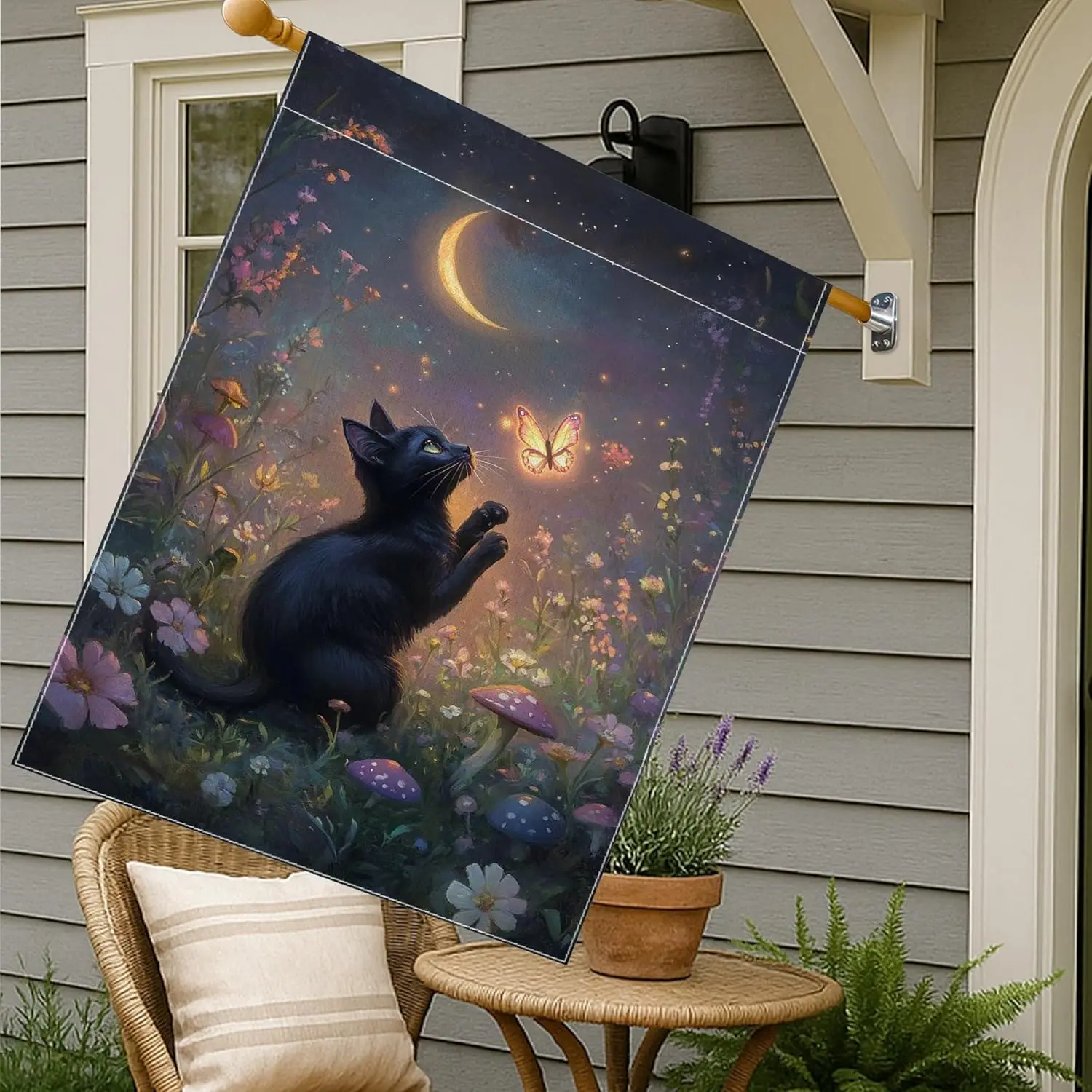 Cat House Flag, Fanciful Fantasy Butterfly Moon Spring Black Burlap Double Sided Outside Large Garden Flag for Outdoor Lawn jjp