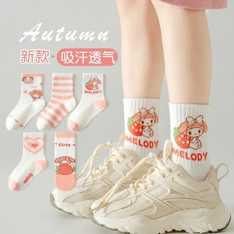 

5pcs Kawaii Sanrio Anime My Melody Ins Fashion Sweet Socks Cute Cartoon Children Midtube Breathable Stocking Gifts for Girls