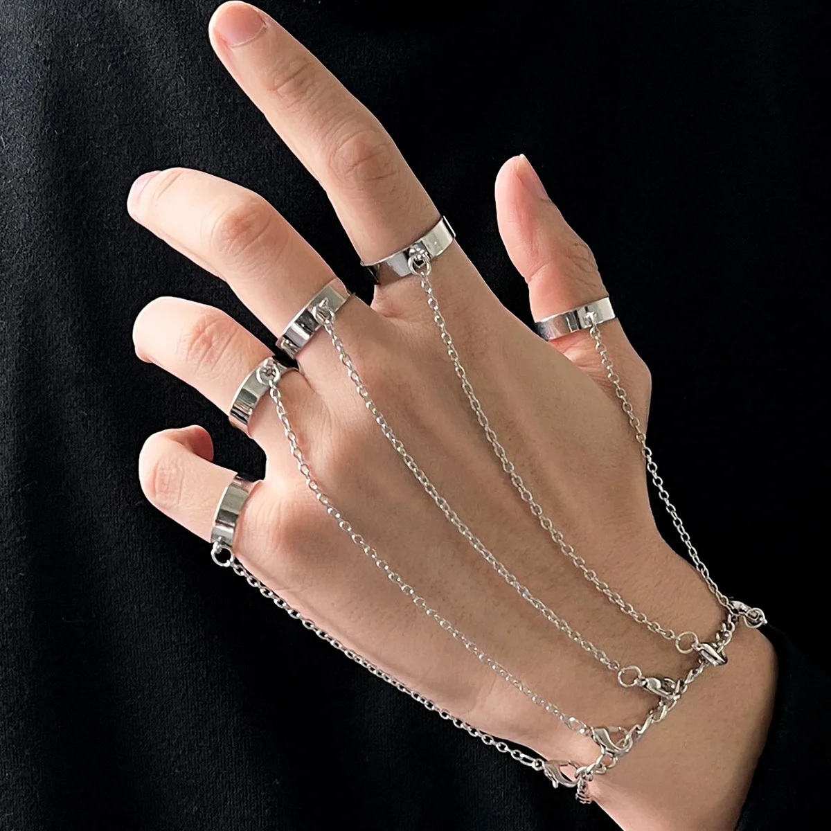 Punk Geometric Silver Color Chain Wrist Rings For Women Men Charm Hip Hop Chain Tassel Open Ring Set Couple Emo Fashion Jewelry