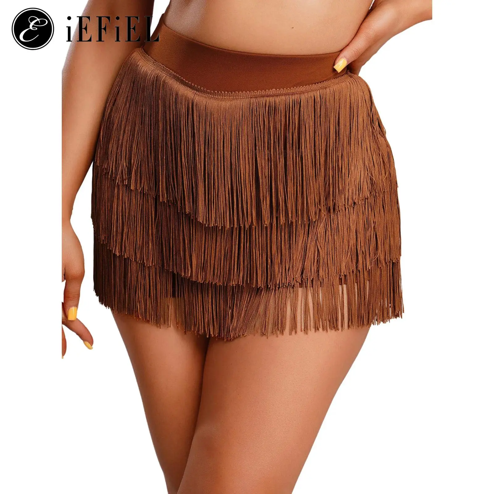 

Womens Latin Dance Skirt Built-in Shorts Elastic High Waist Tiered Tassel Skirt Chacha Tango Samba Balls Fringe Dance Costume