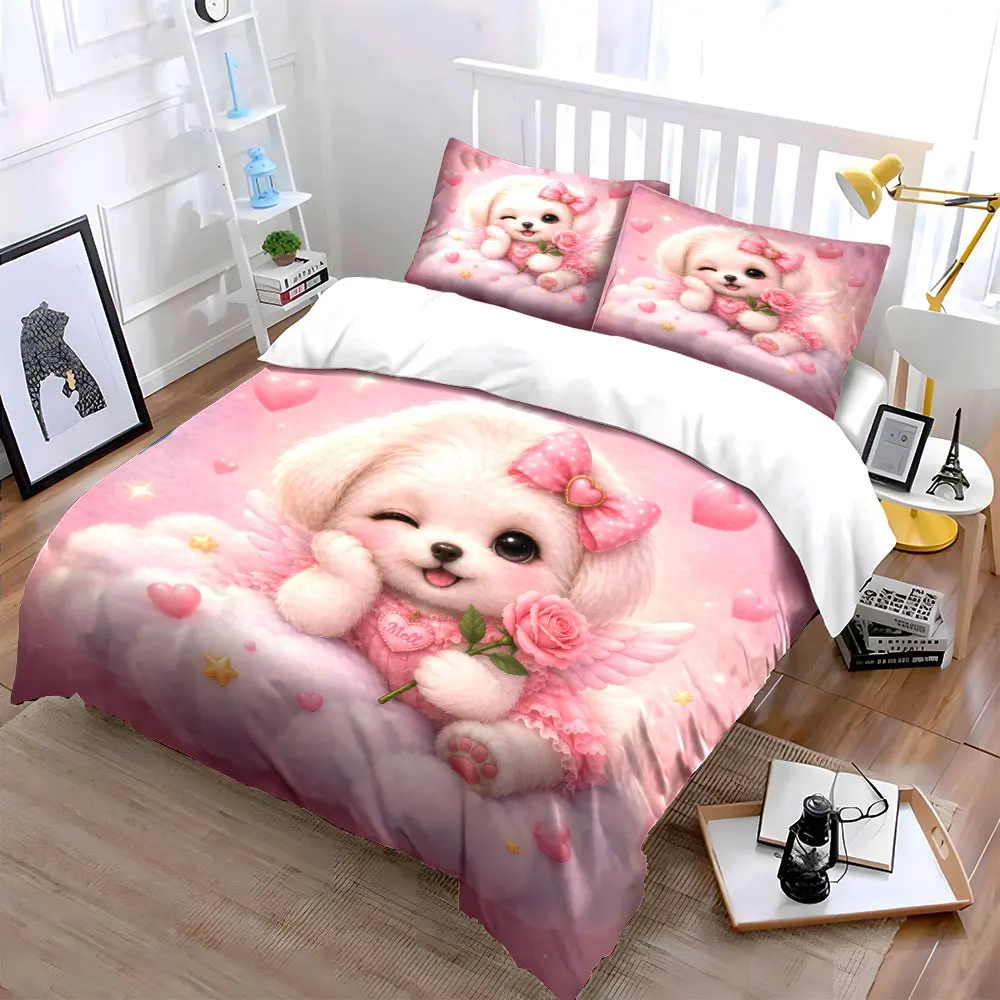 Cute angel puppy on a pink cloud Bedding Set for Kids Luxury Gift 3pcs Digital Print Comforter Set Soft Comfortable Breathable