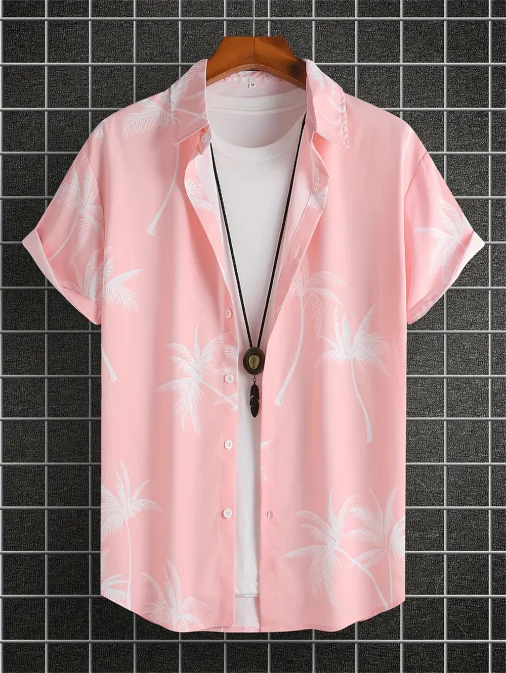 Camisa hawaiana con patrón de hojas tropicales para hombre, Camisa estampada informal rosa, Top de fiesta en la playa de alta calidad, ropa Vintage