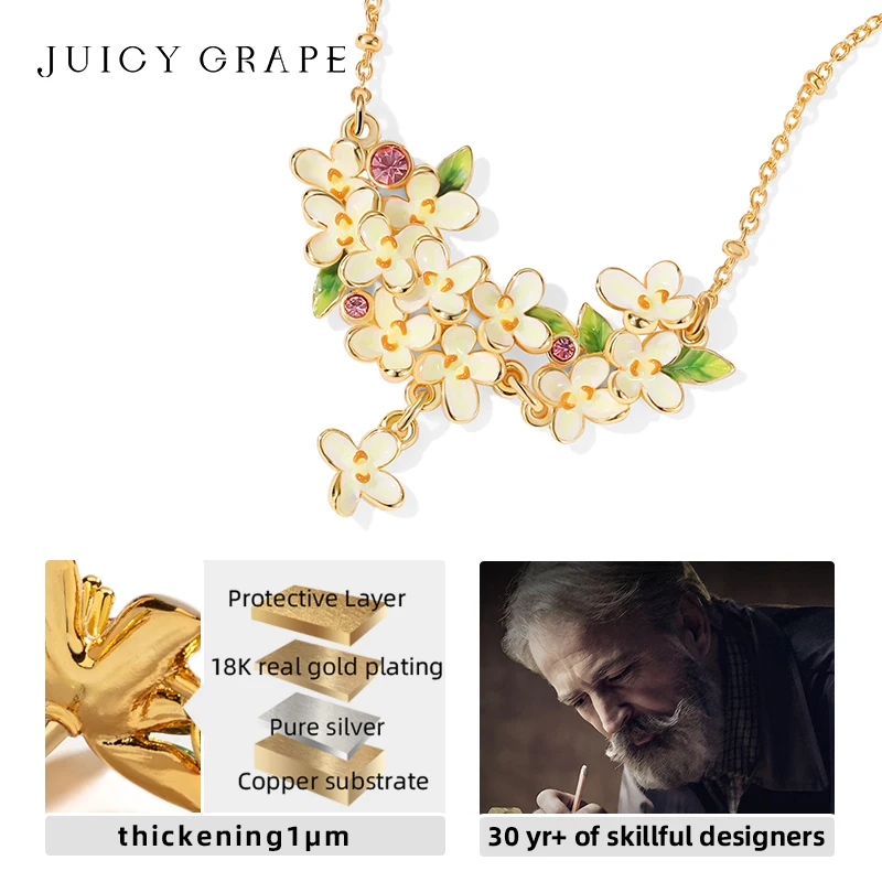 Juicy Grape Osmanthus Vine Necklace- 18K Gold Plated Collarbone Chain with Hand-Painted Enamel Flowers | Minimalist Fine Jewelry