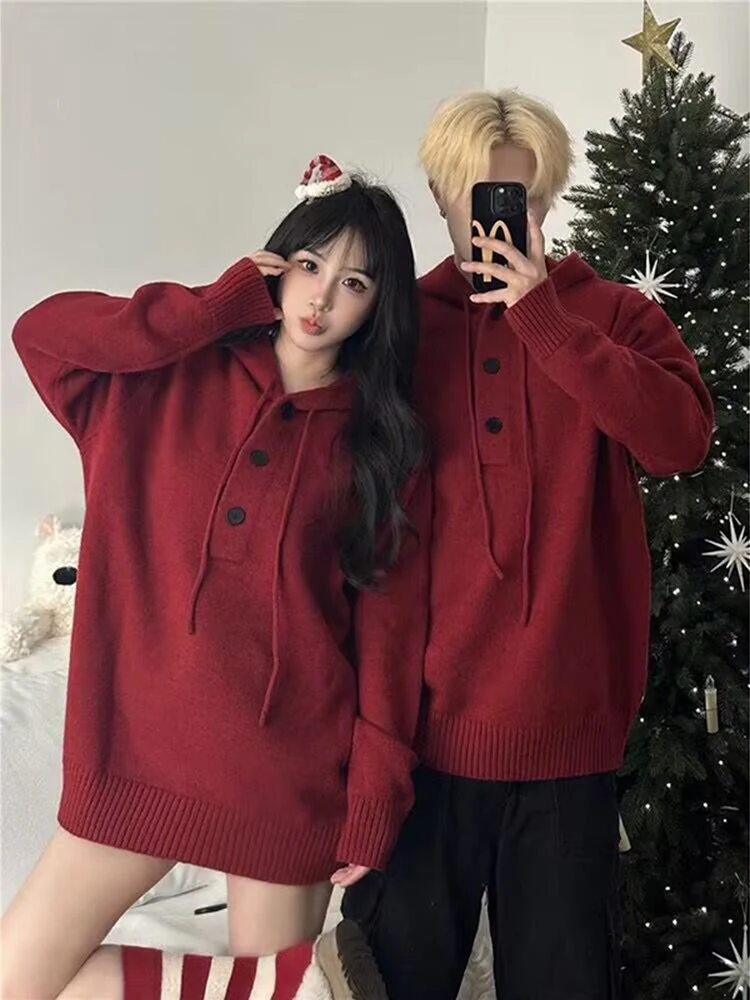 

Красный вязаный свитер-худи Ankla: зимний повседневный комплект для пар, женский топ в корейском стиле, мягкий и удобный, из полиэстера