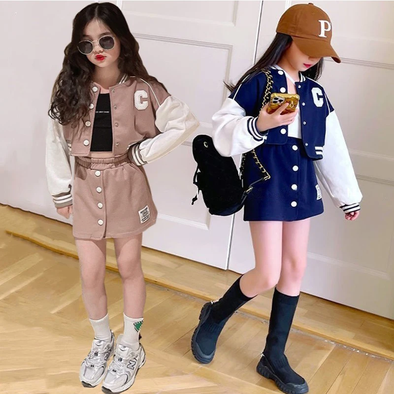 

Teen Girls Baseball Coats + Slim Skirt 2Pcs Suit Spring Autumn 4-14Y Clothing Sets Fashion Letter Printing Outfits Kid Tracksuit
