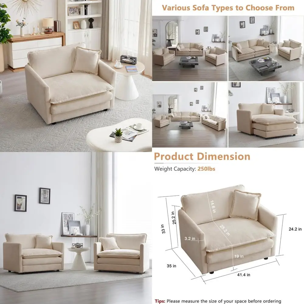 

"deep upholstered single seat sofa in chenille for comfortable living room, bedroom, office, and apartment with pillows"