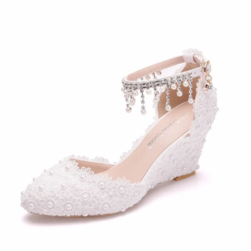 

7cm pointed toe wedge lace sandals for foreign trade, new beaded tassel pointed toe wedge women's shoes