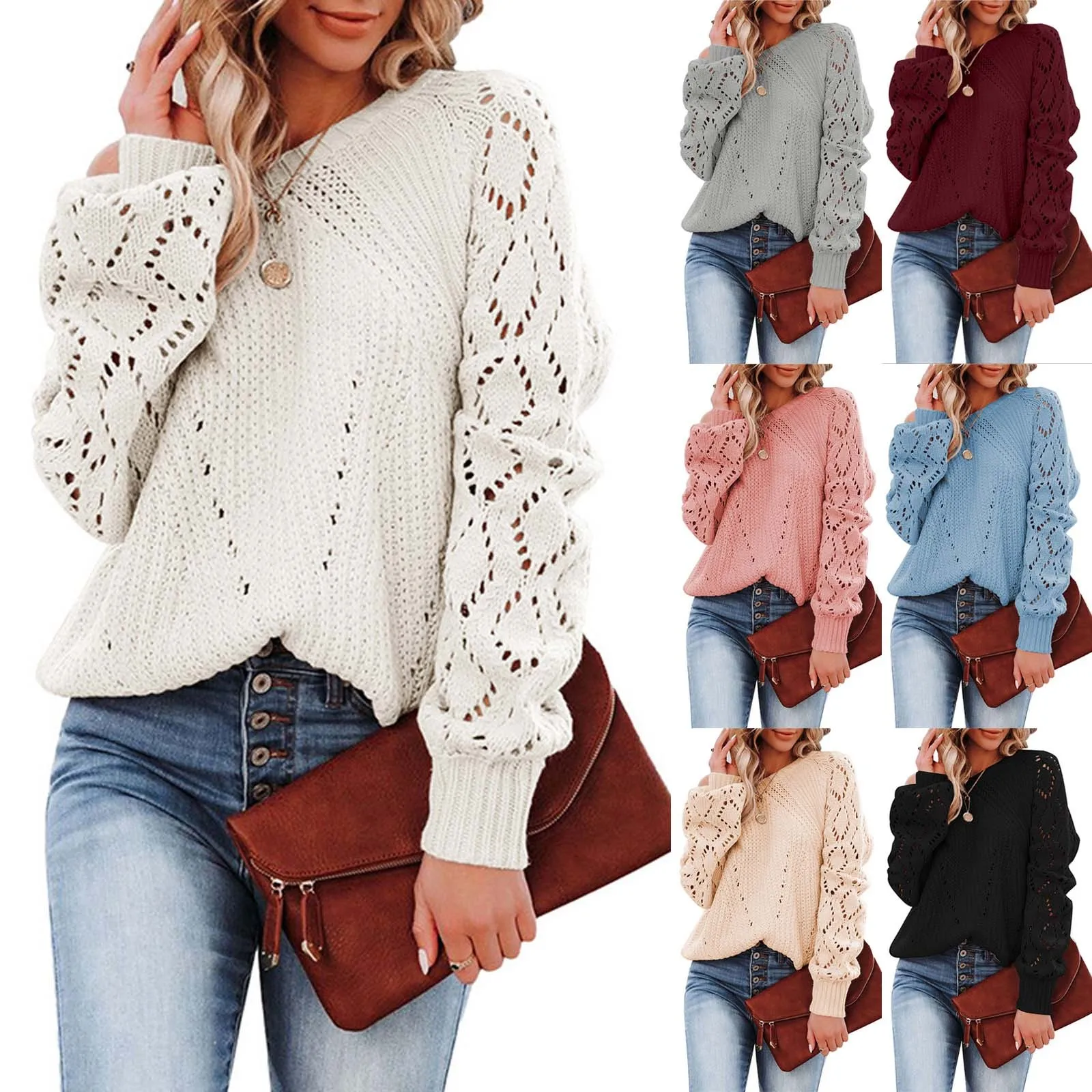 Womens Crewneck Crochet Lace Long Sleeve Hollow Out Cable Knit Pullover Sweaters Tops