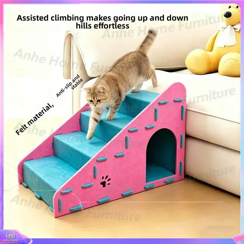 Pet Stairs for Cats and Dogs 2 Tier Felt Cat Ladder to Bed Sofa Breathable Upper Lower Nest with Integrated Scratching Board