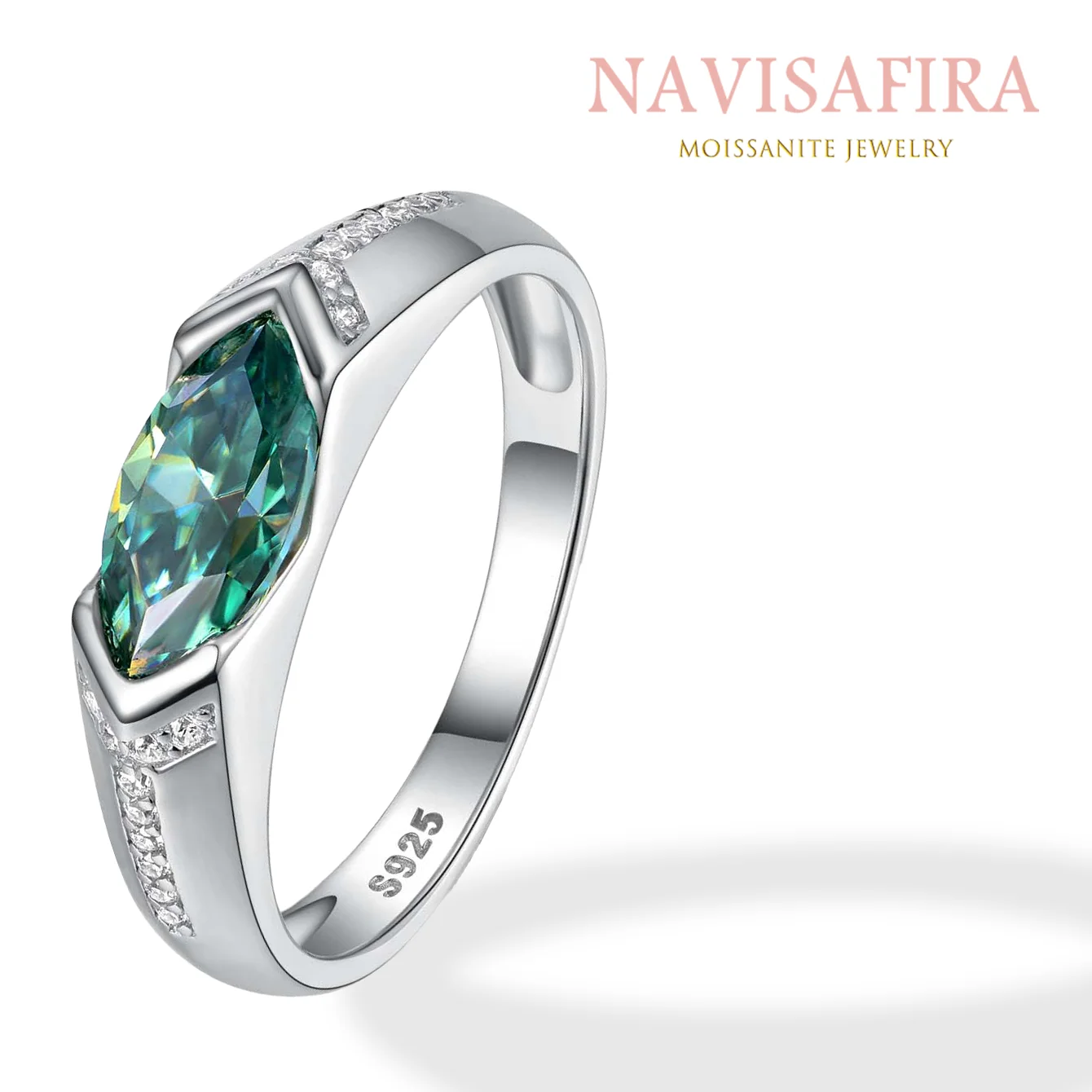 

1Ct S925 Sterling Silver Ring with Green Marquise-Cut Moissanite – Minimalist Design with Side Stones for Unique Elegance