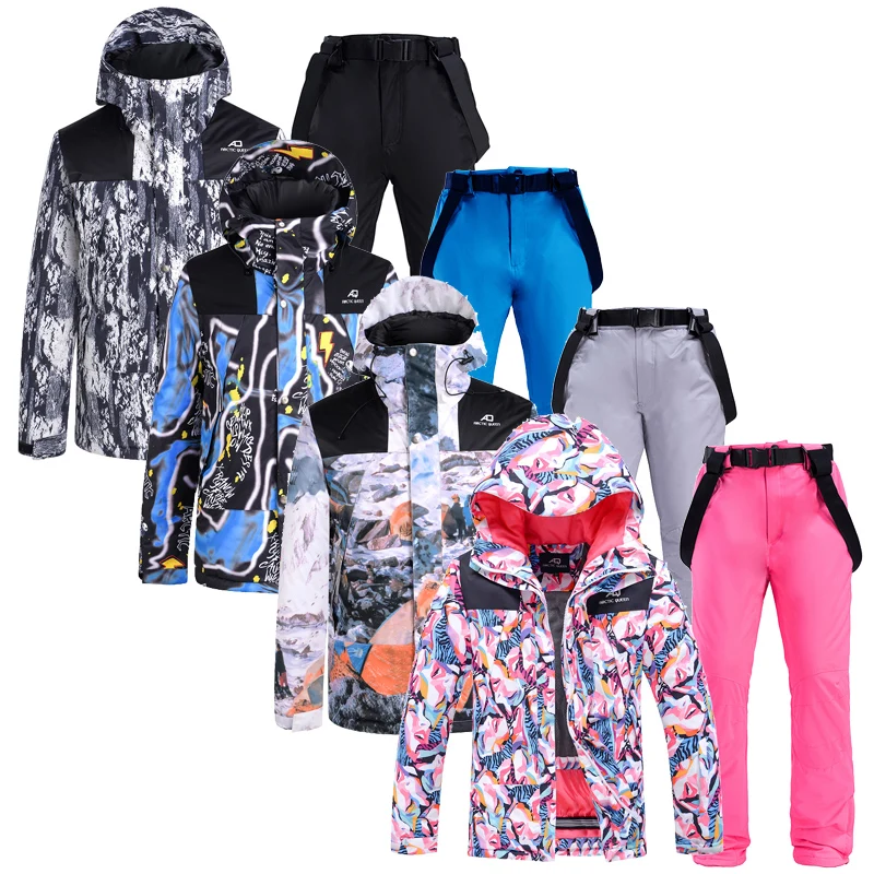 ملابس ثلج للرجال والنساء، ملابس على الجليد، أطقم بدلات شتوية خارجية مقاومة للماء، سترات تنكرية وسراويل بحزام، ملونة
