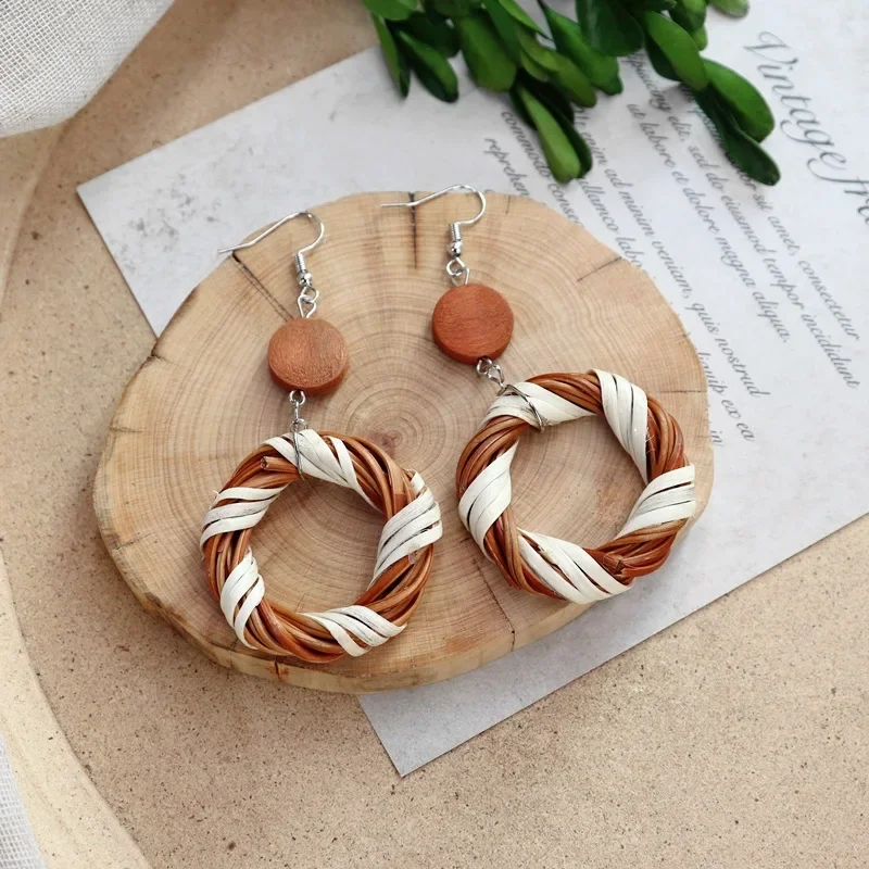 2023 New Korea Handmade Wooden Straw Woven Rattan Vine Braid Geometric Large Circle Square Long Drop Earrings For Women Girl