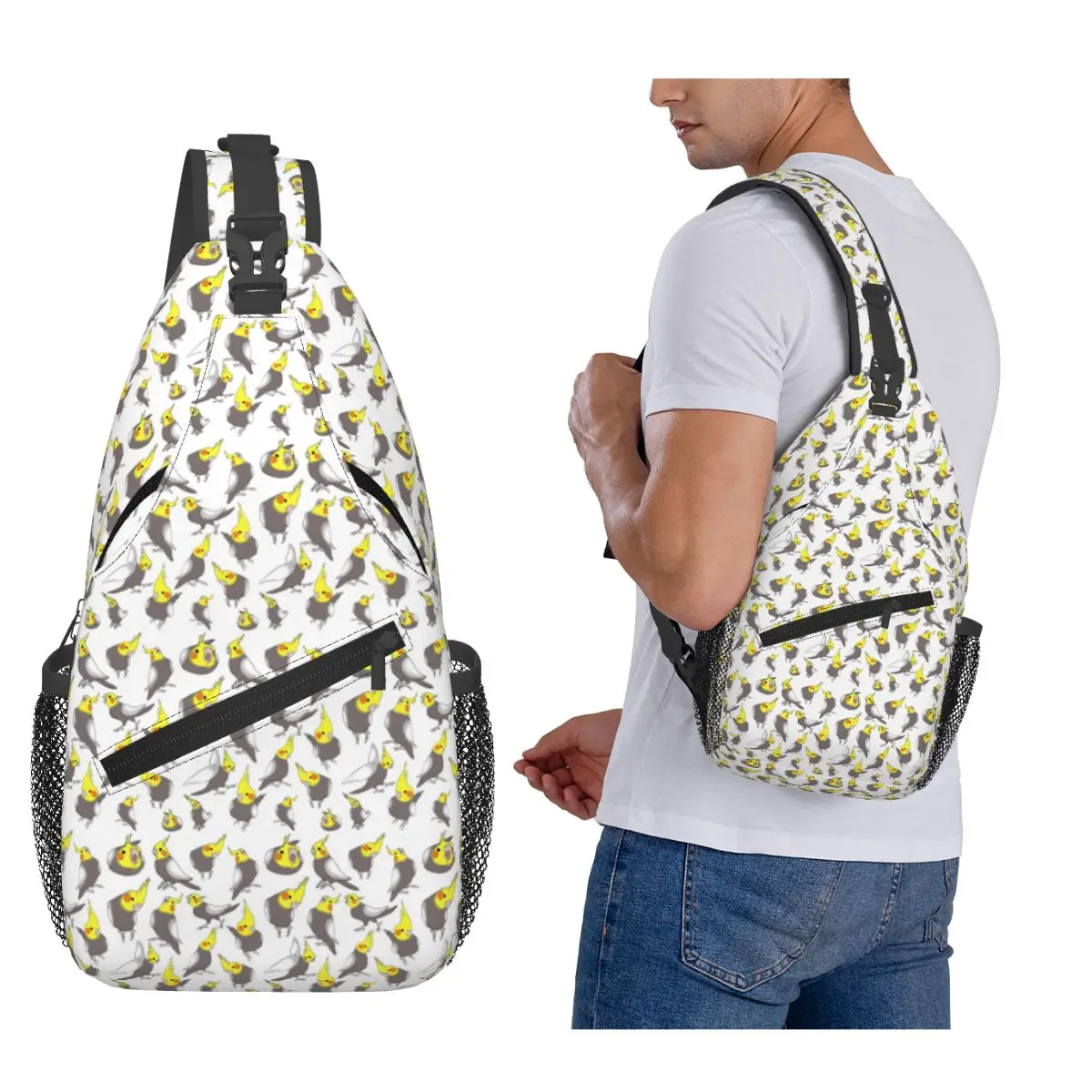 Cockatiel Doodle Pattern Chest Bag Men Sling Crossbody Backpack Chest Bag Traveling Hiking Daypack Shoulder Bag