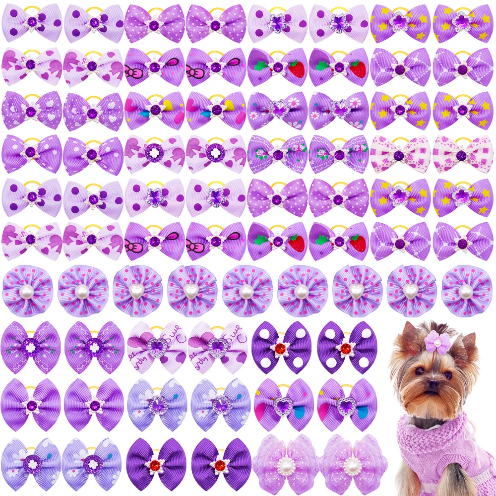 100/200pcs Pet Hair Ornament Flow Ribbon Hair Bows Dog Groomining Purple Style Crystal Decoration for Dog Cats Pet Products