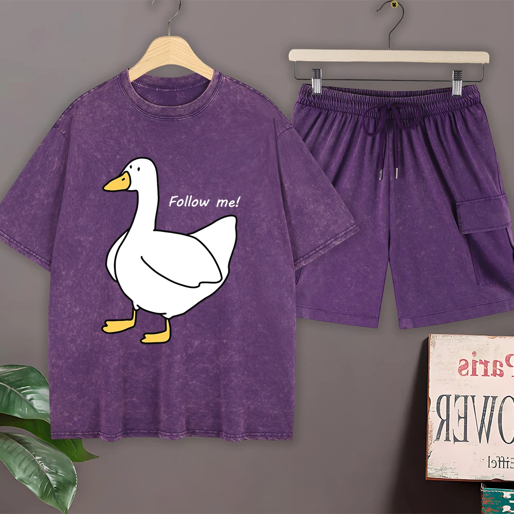 

Follow The Goose Cotton Washed T-Shirts Set Mens Street Short Sleeve Tops Cargo Shorts O-Neck Oversized T Shirt Summer Clothes