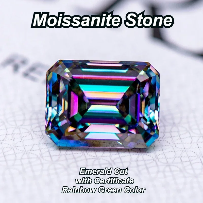 

Top Moissanite Stone Emerald Cut Rainbow Green Color Charms Gemstone Advanced Jewelry Rings Earrings Making With Certificate