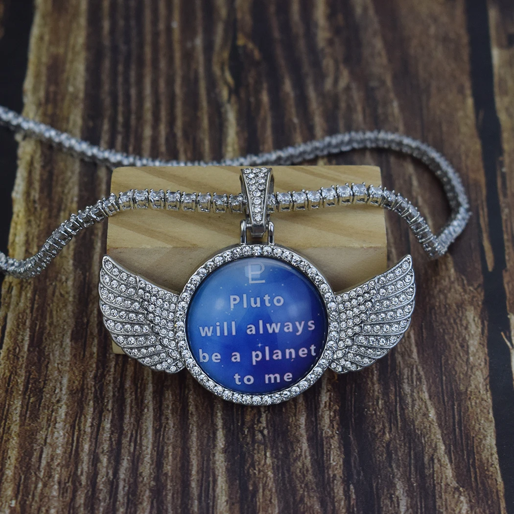 Custom Picture  Necklace Crystal Wings Heart Round Pendants Necklace for Women Elegant Rhinestones Customized Party Jewelry Gift