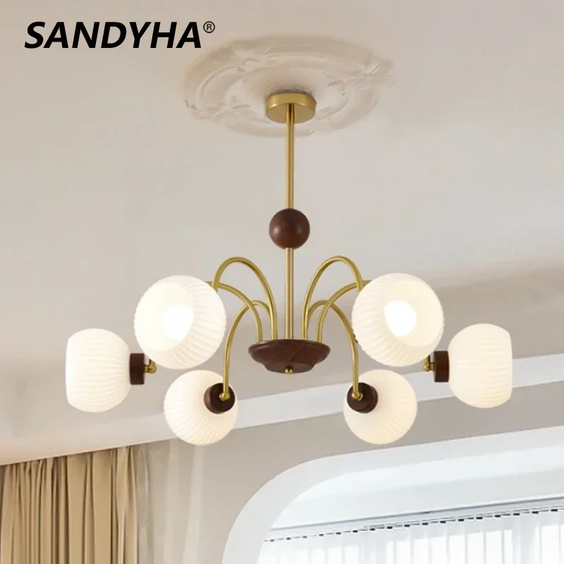 SANDYHA Nordic Pendant Light Living Room Bedside Lamp Kitchen Indoor Chandelier Dining Table Lighting Walnut Wood Lampshade 2024