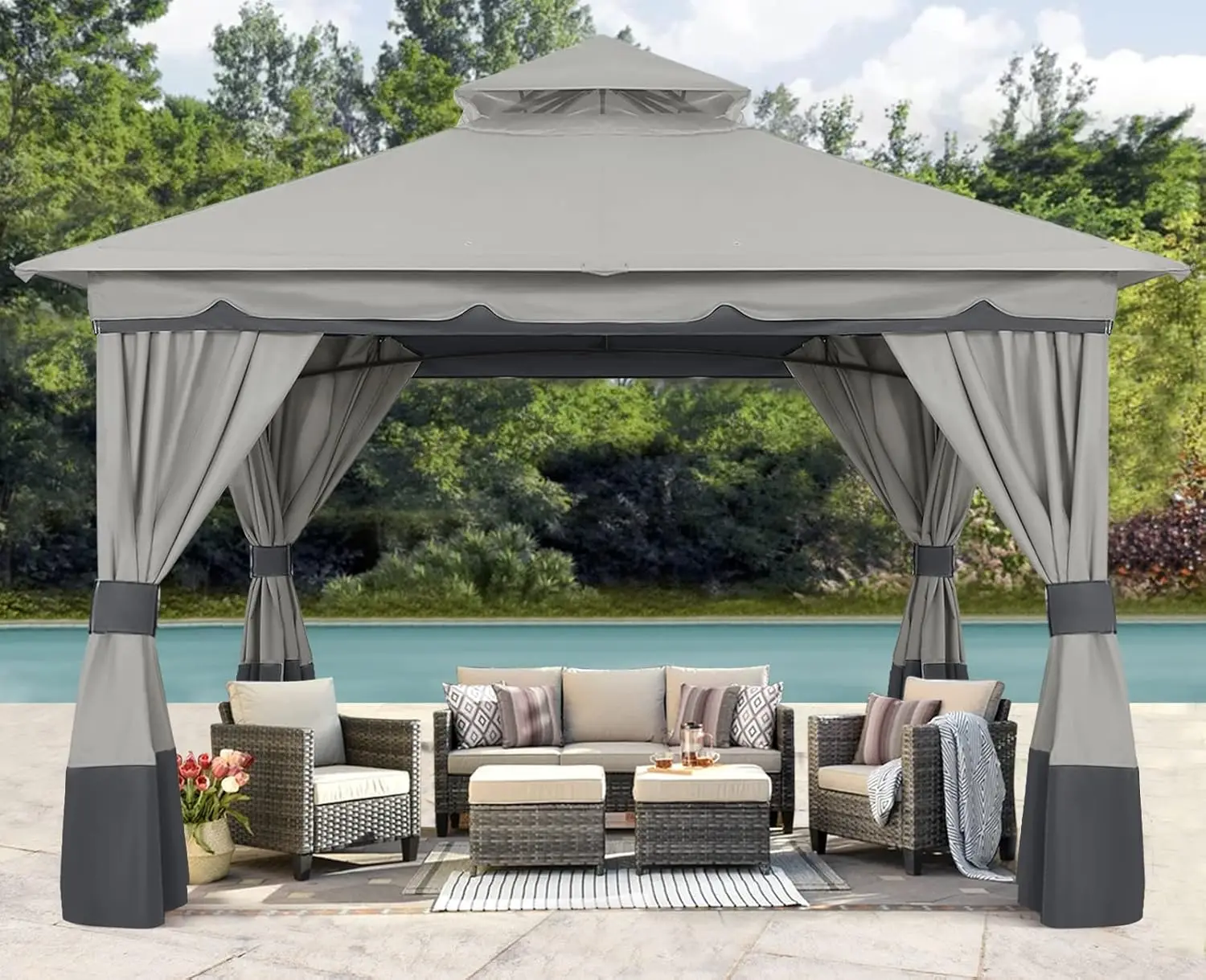 10'x10' Outdoor Gazebo, Double Roof Patio Gazebo with Shade Curtains, Light Gray