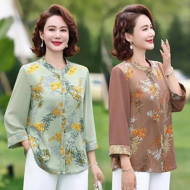 Vintage Printed Casual Loose Shirt Summer Elegant O-Neck Female Clothing Chic Commute Button Spliced three-quarter sleeve Blouse