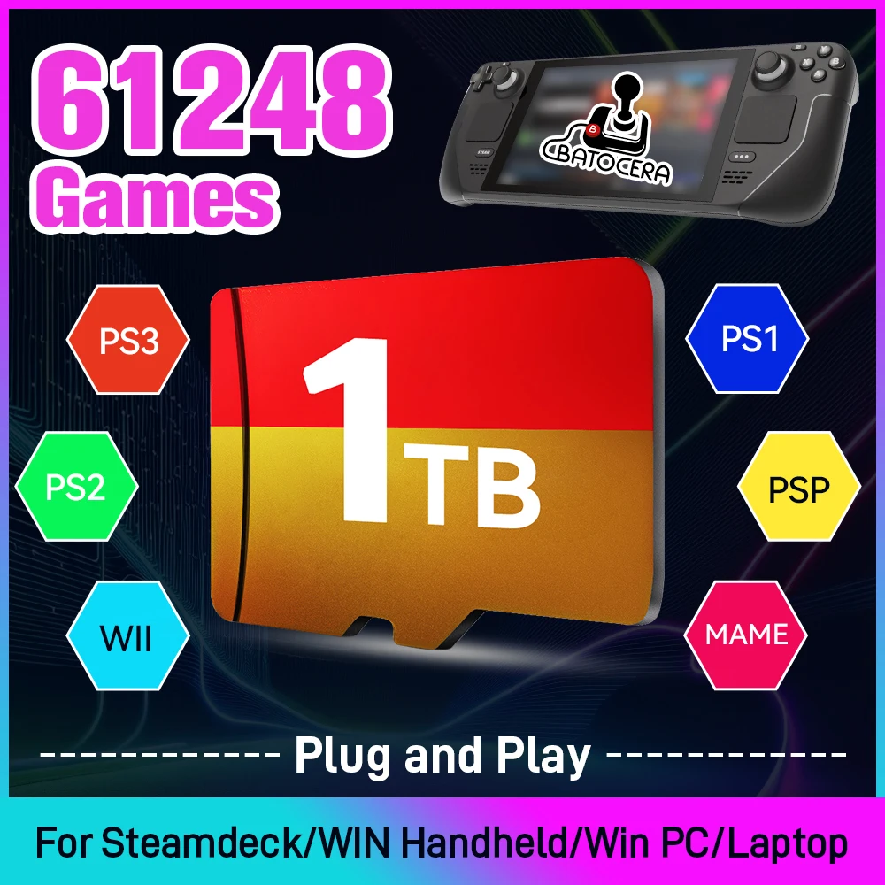 

JMachen Batocera TF Game Card with 61200+ Games for Steam Deck/Win 600/Win PC/Laptop for PS3/2/1/PSP/MAME/N64/Wii Plug and Play