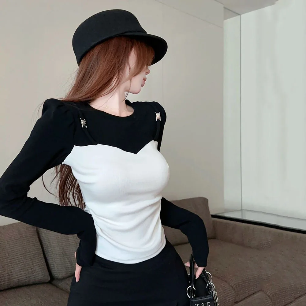 Patchwork Fake 2pcs Long Sleeve T-Shirts Women Design Unique Slim Fit Streetwear Tops Korean Fashion Casual Autumn Chic Tee Lady
