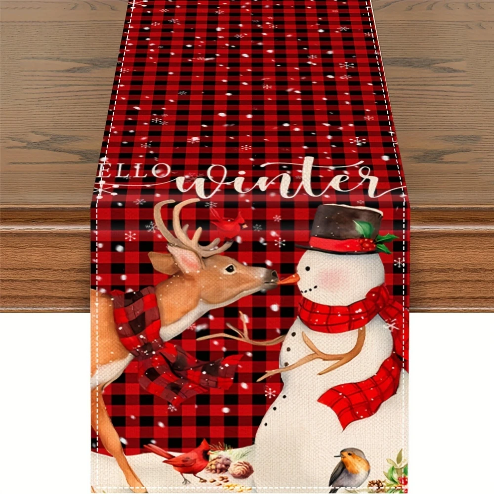 Hello Winter Table Runner Red Black Buffalo Plaid Snowman Deer Holiday Kitchen Dining Room Farmhouse Christmas Table Decor