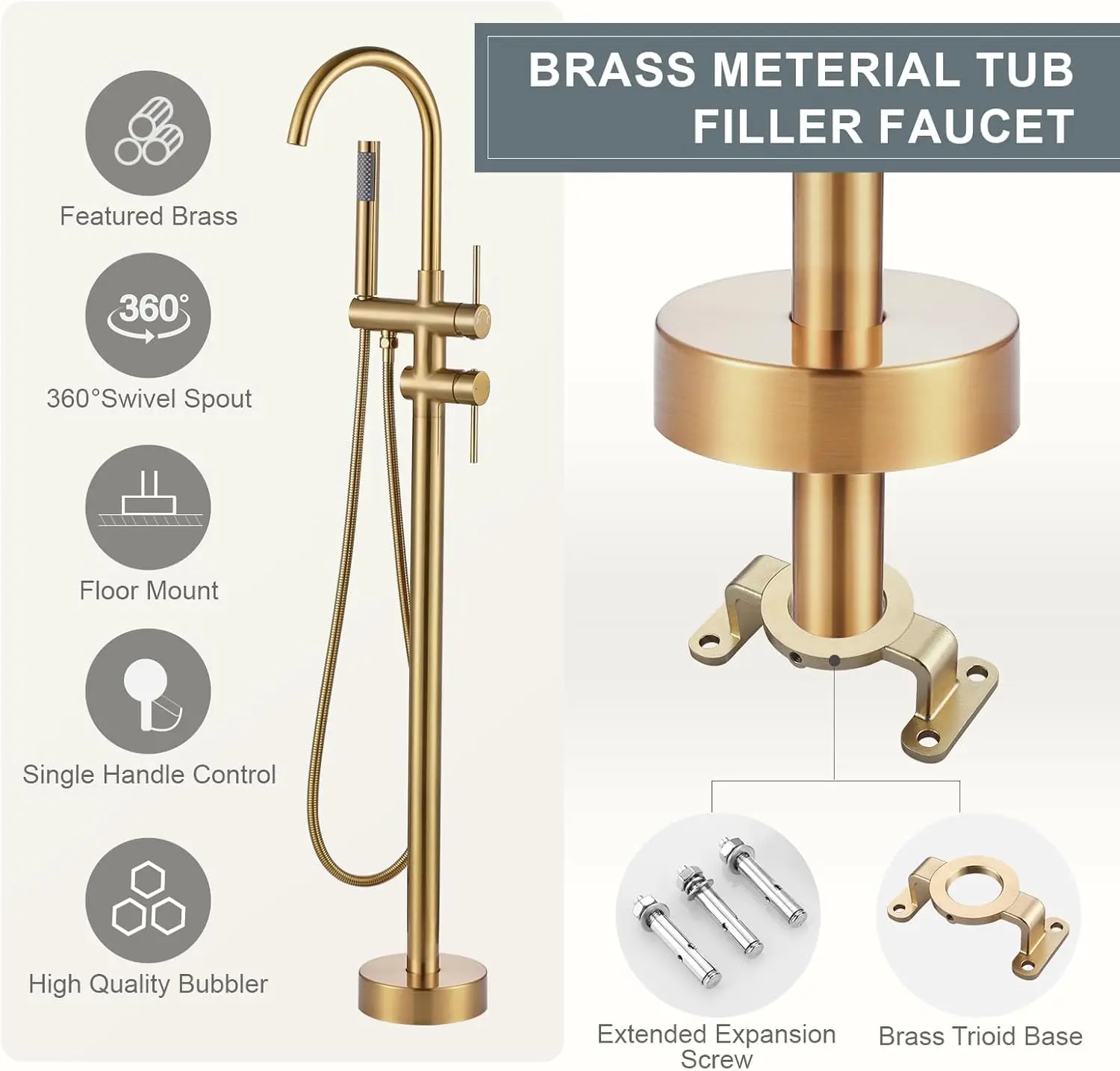European Luxury Freestanding Bathtub Faucet Solid Brass Adjustable Flow Rain Spray Pattern Ceramic Polished For Hotel Villa Use