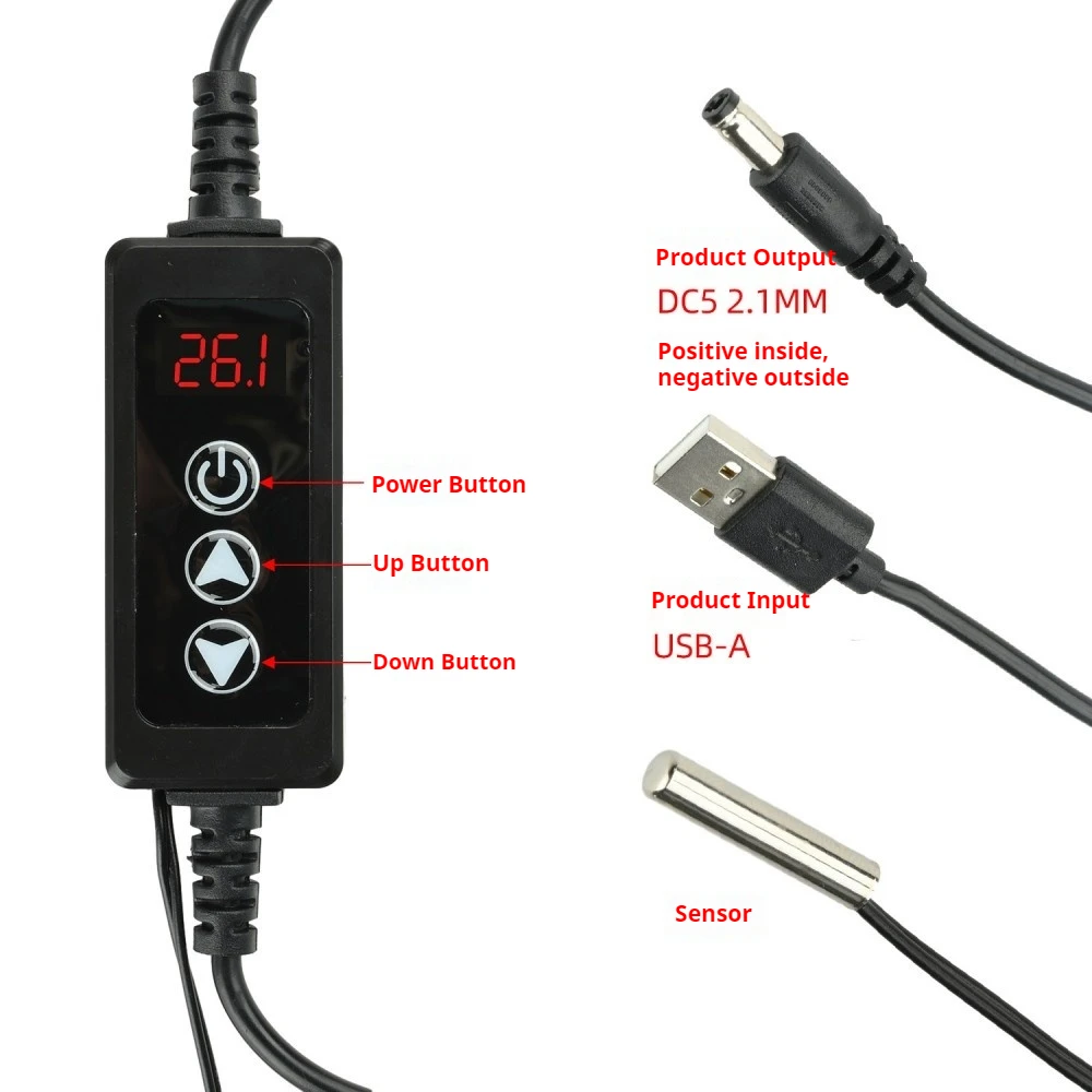 W-3301A Line Controlled Digital Thermostat Timer Switch DC 5-24V Heating Cooling Mode -20~120℃ NTC Probe 999 Min Timer Lock