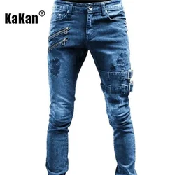 Kakan-High-Jeans de petite jambe moulants de personnalité de moto pour hommes, nouveaux jeans longs de printemps et d'automne K05-0019