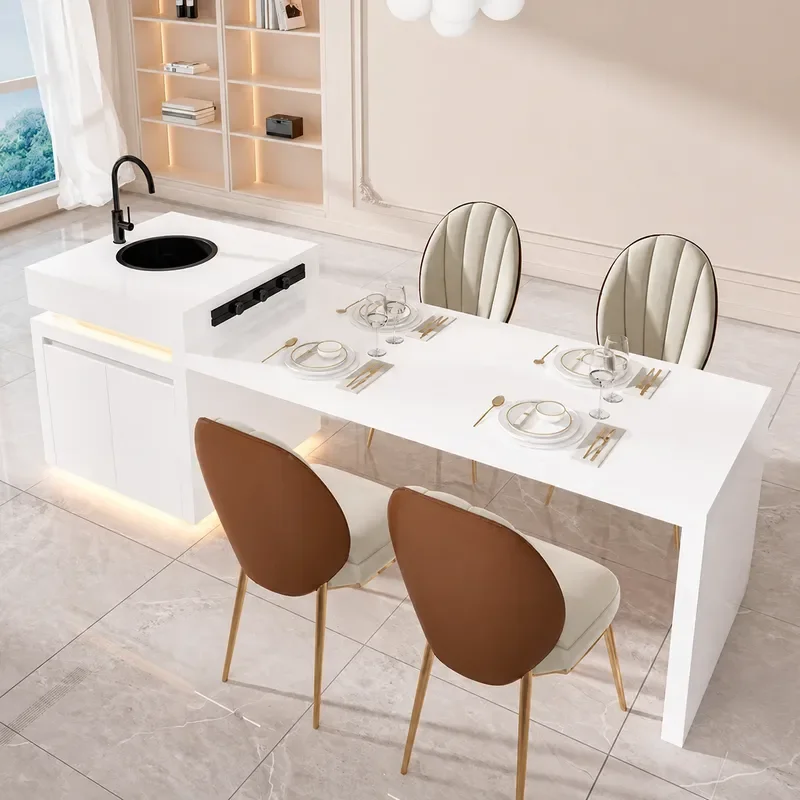 Modern Light Luxury Island Table with Retractable Sintered Stone Top Multi Functional Storage Kitchen Bar Table for Home