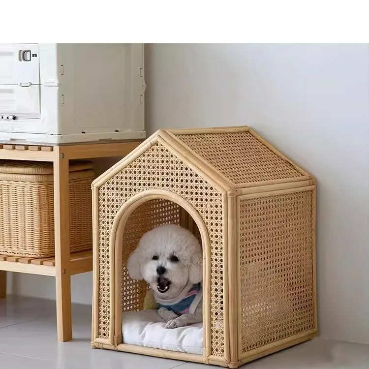 House Pet Bed Roof Kennel Rattan Cat Bed Kitten Puppy Handmade Rattan Bed