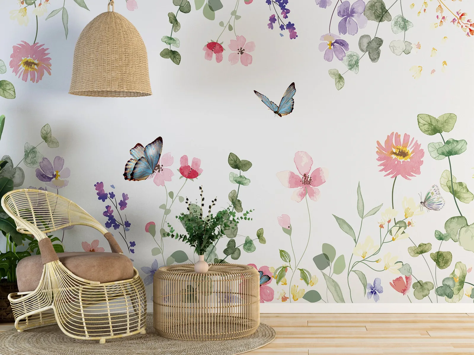 

Watercolor Flower Wallpaper, Soft Botanical Floral Wall Mural, Little Florals with Butterflies Wall paper for Kids