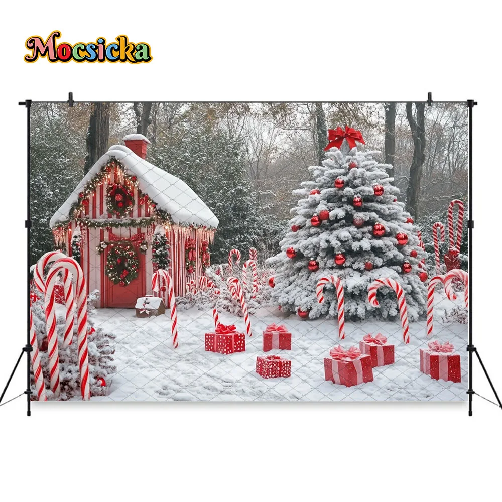 Mocsicka الأحمر عيد الميلاد قصب الحلوى خلفية التصوير الثلجي شجرة عيد الميلاد الغابات خلفية الشتاء الاطفال عيد ميلاد فوتوزون الاستوديو