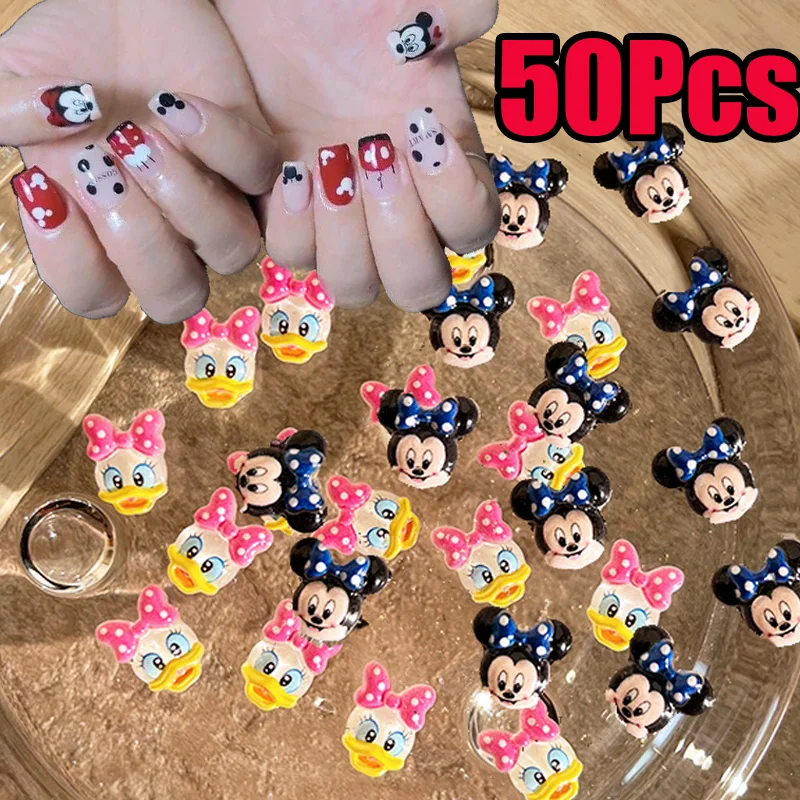 50개 3D 귀여운 미니&미키&도널드 덕 네일 참 8X10mm 만화 레진 미키 네일 아트 플랫백 미키 매니큐어 장식 JH