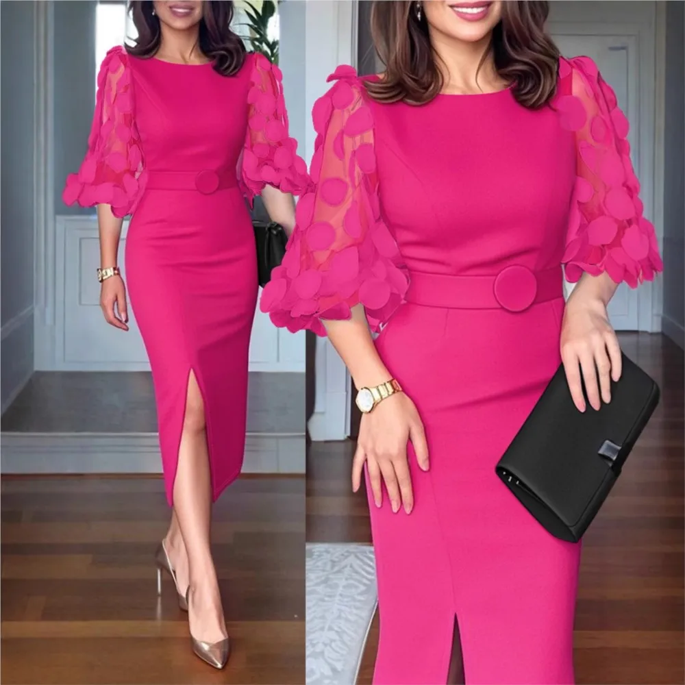 Elegantes, schlankes, rosafarbenes Kleid für Damen, Herbst, gepunktet, Applikation, Netzstoff, Laternenärmel, Hüfte umarmt, Taille, Cinching, Damen-Bürokleider