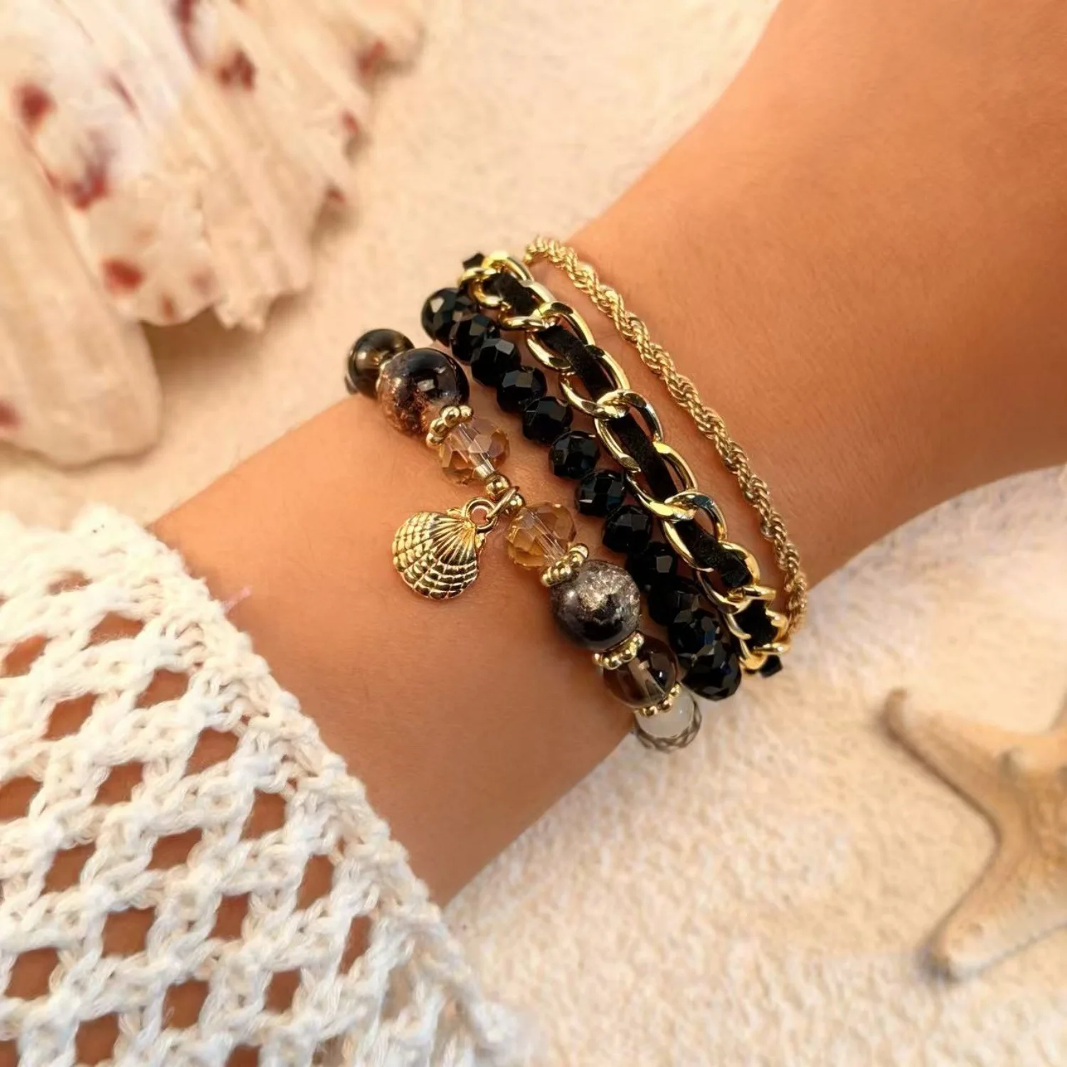 Gold Tone Shell Charm Leather Chain 4-Piece Layered Beaded Bracelet Set Bohemian Stackable Hand Jewelry for Daily Casual Fashion