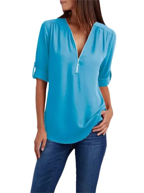 Women'S Casual Loose Chiffon Shirt Deep V Neck Zipper Short Sleeves Solid Color Blouse – view 5