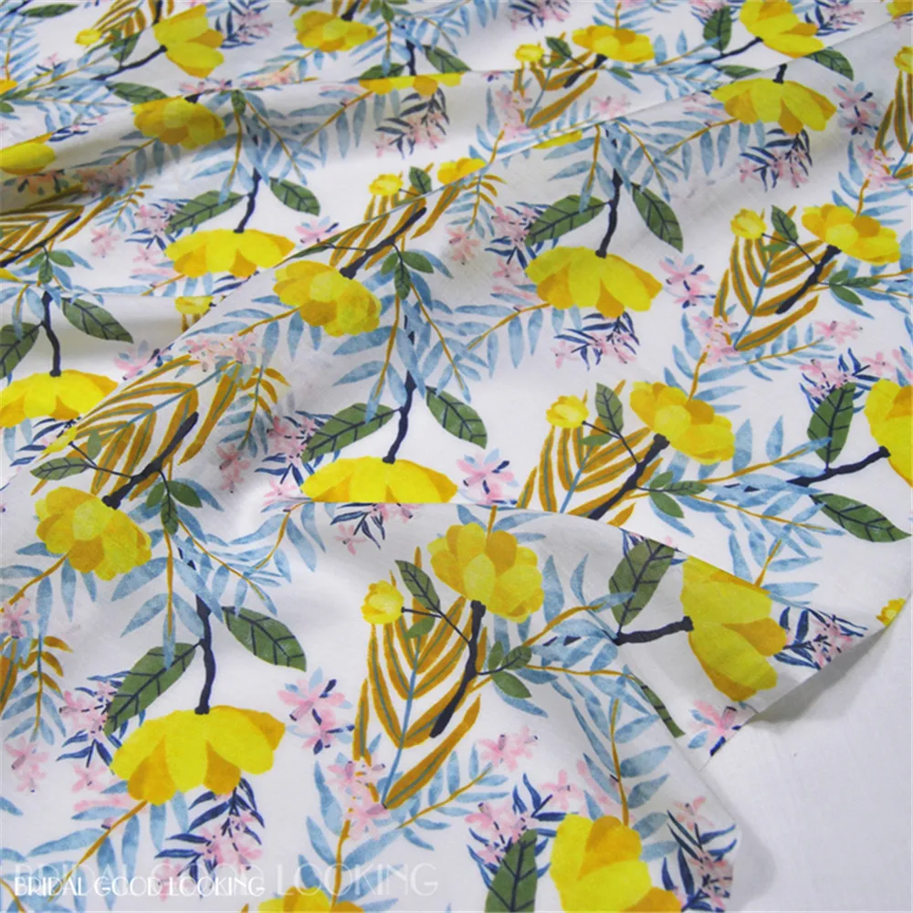 

Elegant Style Comfortable Feeling Material Small Yellow Floral Design Silk Cotton Fabric for Spring Cloth