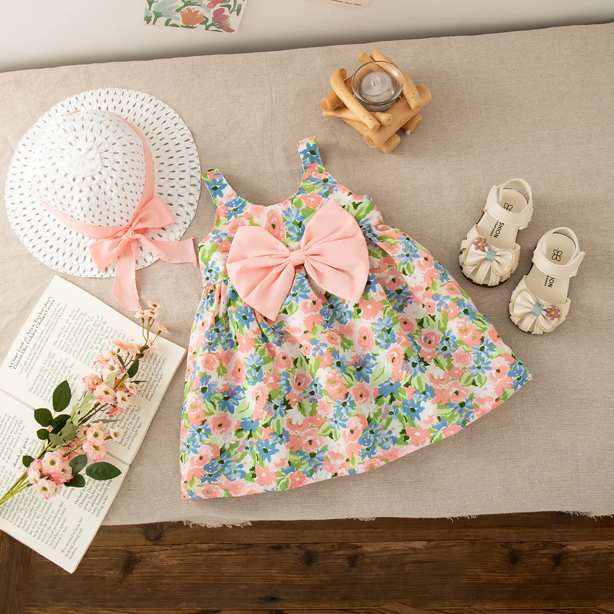 

Floral Printed Dress for Toddler Beach Vacation Clothes Big Bow Tank Top Dress Send Hat