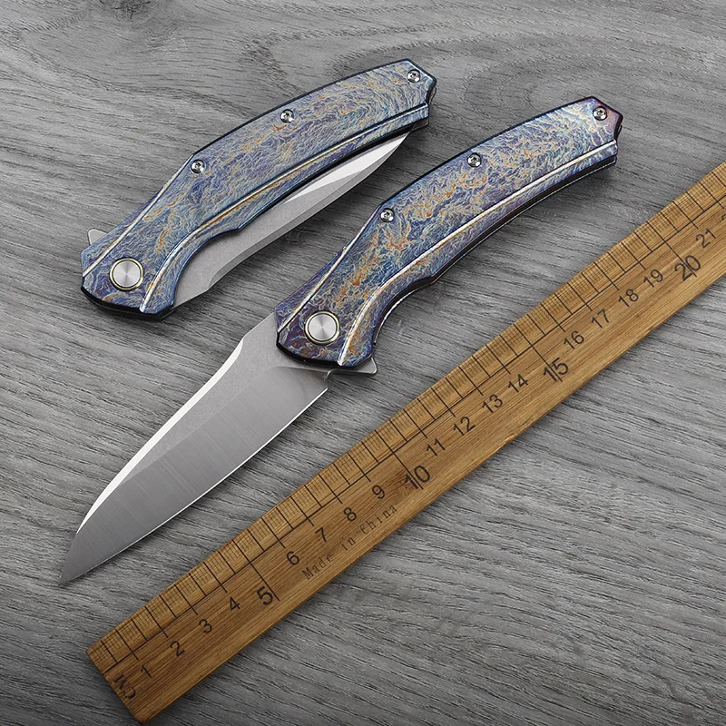 

D2 steel fire titanium alloy handle storm pattern folding knife, outdoor self-defense camping survival portable tool knife