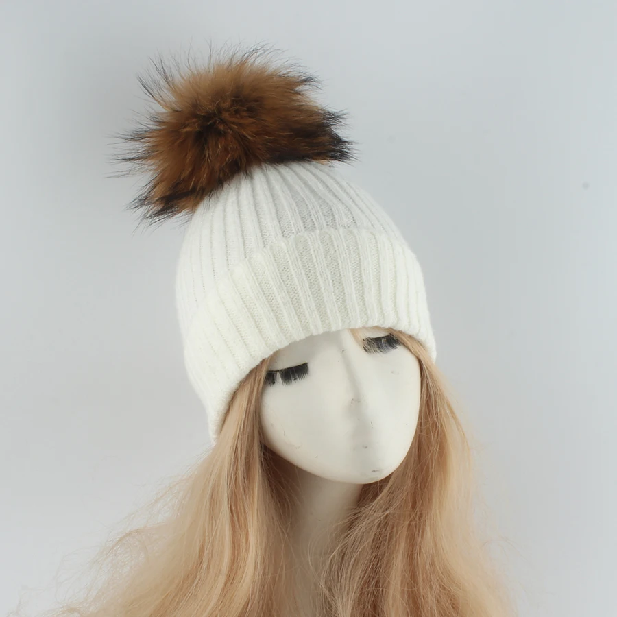 NEW Real Raccoon Fur Pom Pom Hats For Women Warm Striped Knitted Hat Winter Girls Fox Ball Beanies Skullies Outdoor Female Cap 2