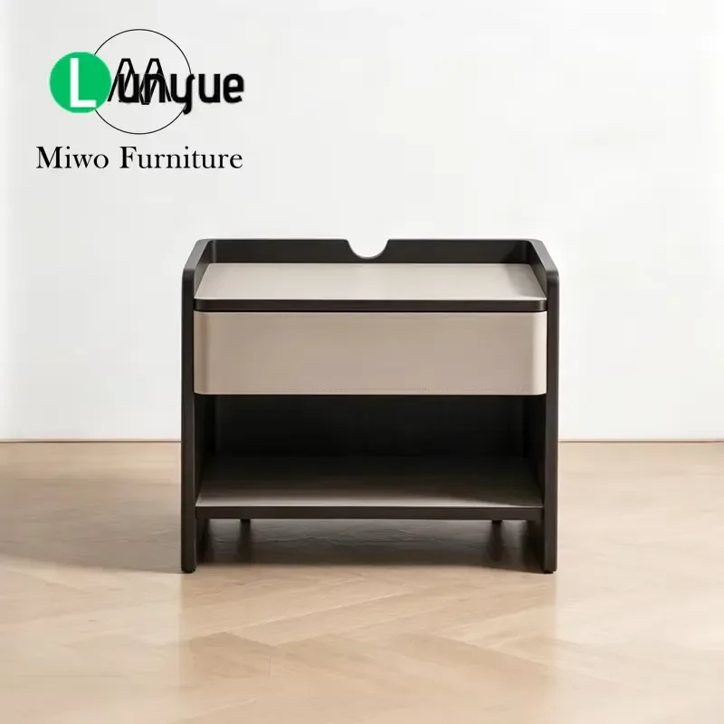 Italian Modern Saddle Leather Bedside Table Wooden Locker Simple Design Smart Storage Nightstand for Hotel Villa Bedroom