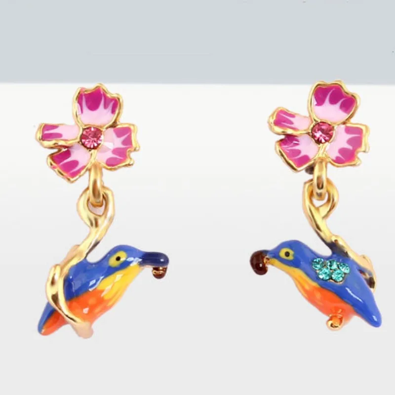 

New Arrival Forest Style Enamel Blue Bird Dangle Stud Earrings Gold Plated Zircon Pink Flower Little Tassel Flower Earrings Wome