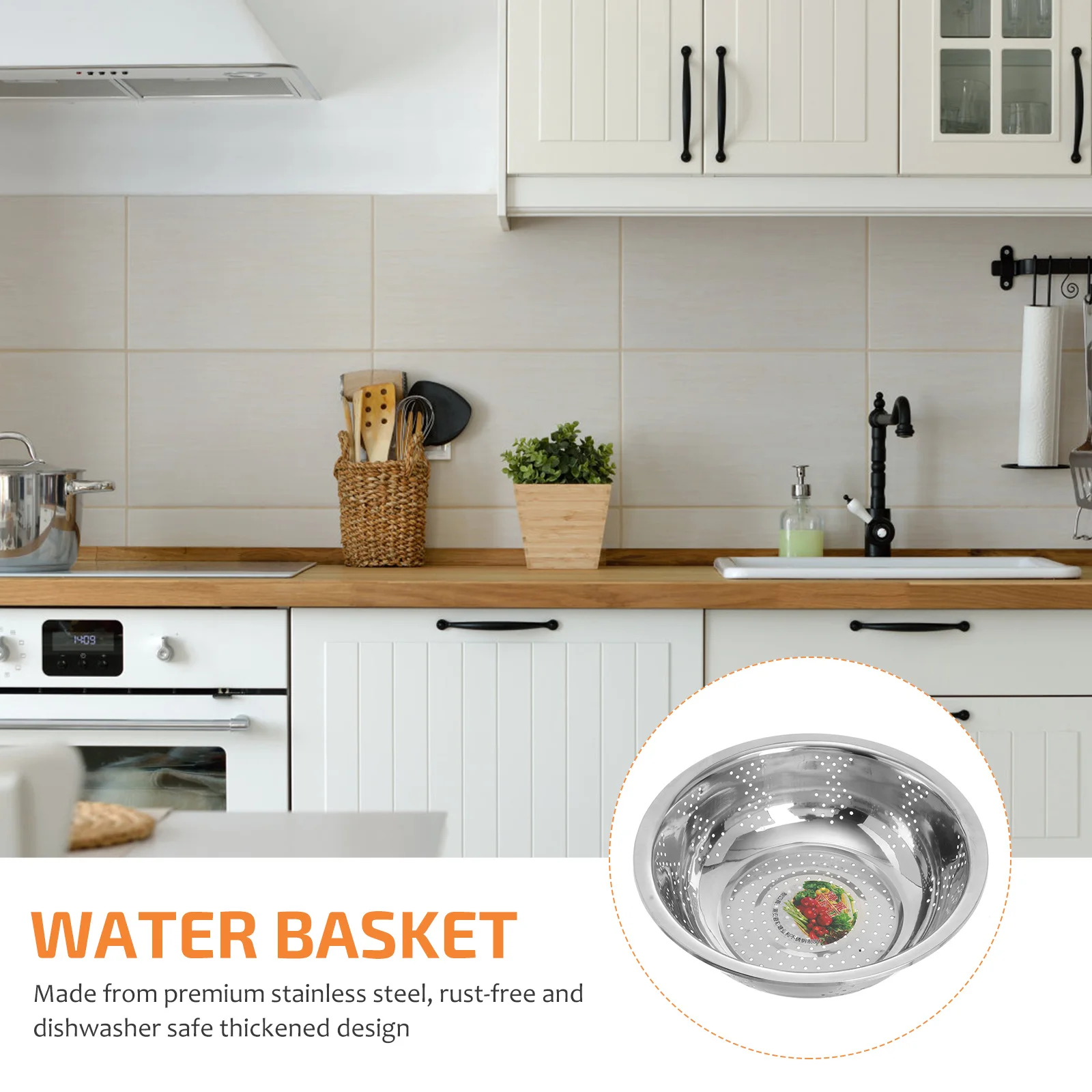 

1pc Stainless Steel Washing Basin 24Cm Silver Thickened Drain Hole Design For Vegetable Fruit Pasta Seafood Cleaning