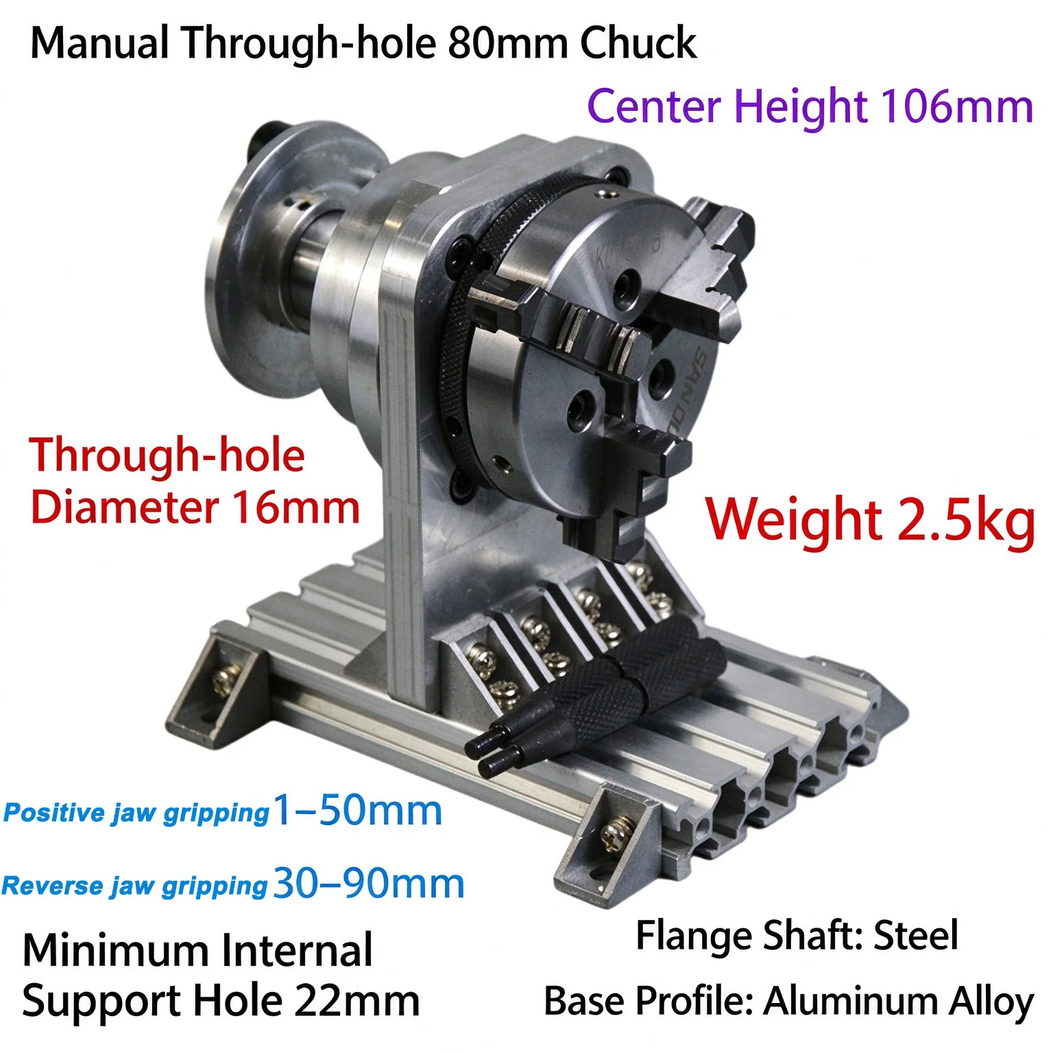 Mini horizontal hand-operated rotary chuck, bearing steel through-hole 16mm, aluminum alloy structure